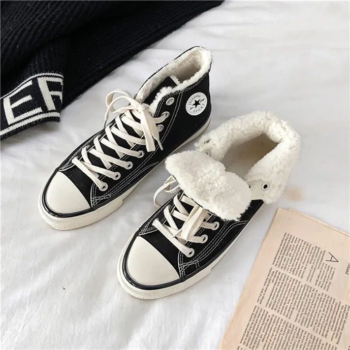 Winter Unisex Couple High Tops Flat Velvet Inside Keep Warm Canvas Shoes