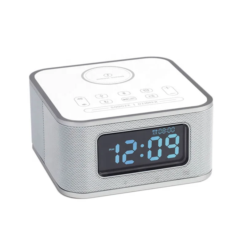 Alarm Clock Radio Speaker System Dual USB Wireless Qi Charger for Hand-free Calling Surprise