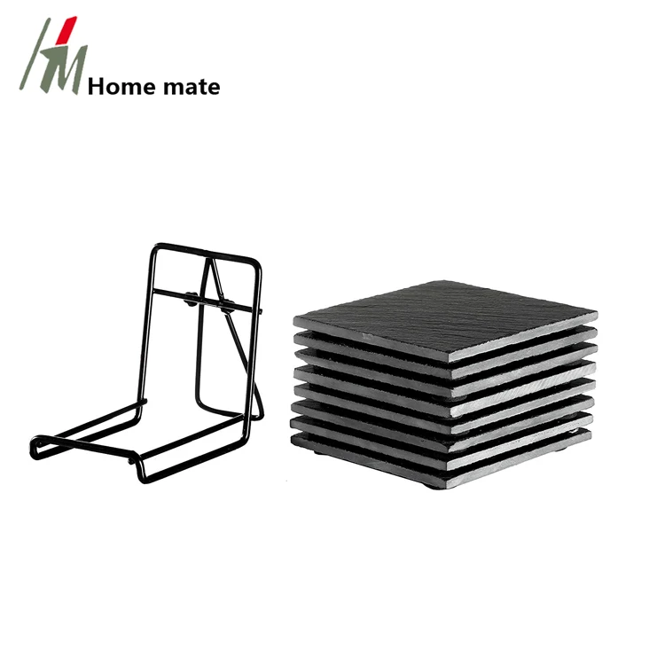 Черные подставки для напитков с натуральными камнями сланцевый набор квадратных подставок черным металлическим держателем бара и дома