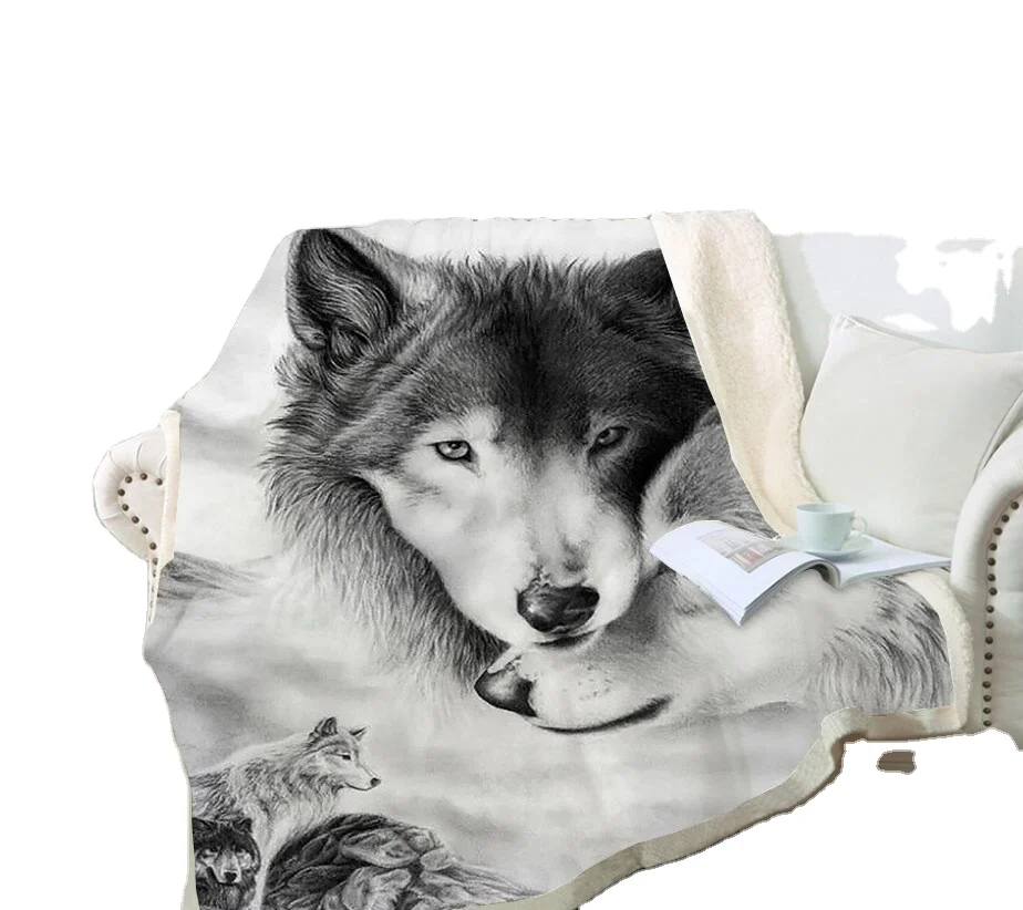 OEM ODM Customized Photo 3d Digital Printing Wolves Flannel Fabric Sherpa Fleece Blanket