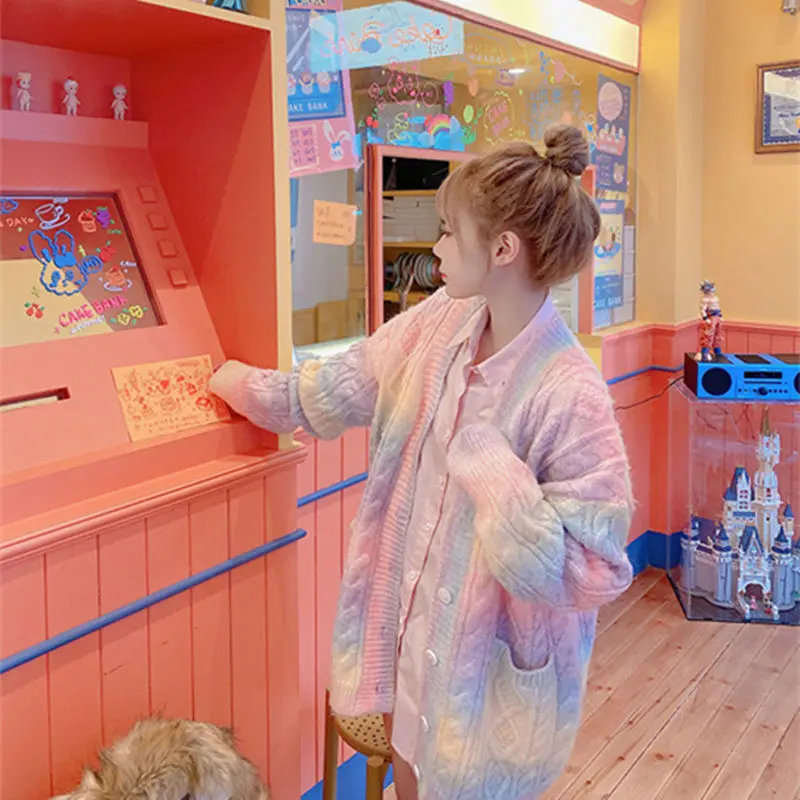 Female Long Tie dye Cardigan Women Sweet Kawaii Sweater Coat Faux Fur Rabbit Rainbow Knitted Cardigan