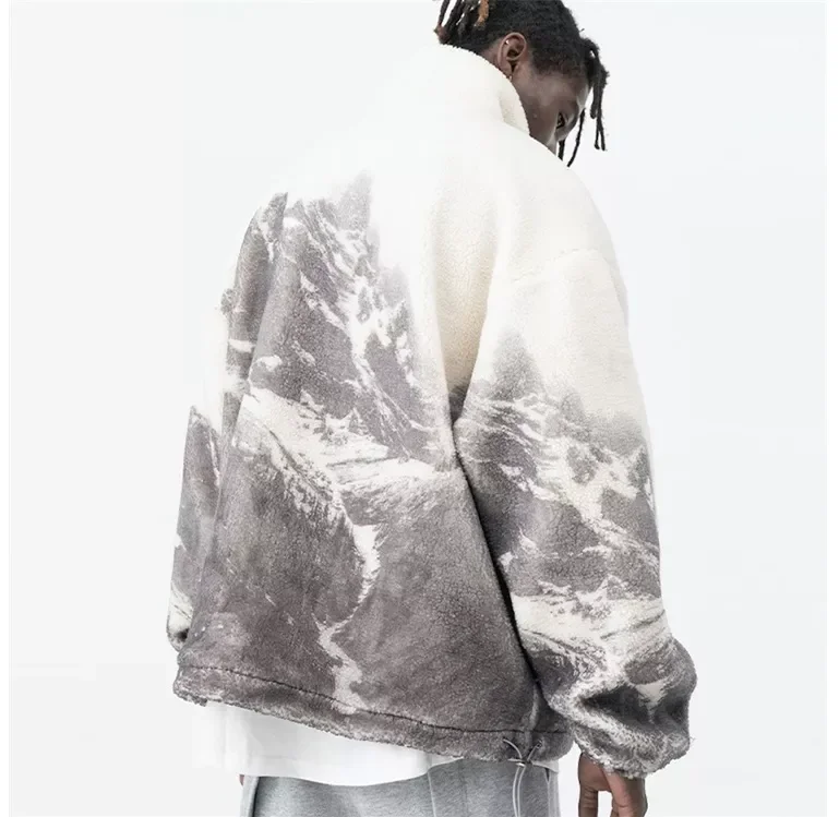 OEM custom winter 100%wool all over printed oversized sherpa fluffy fleece jacket for men