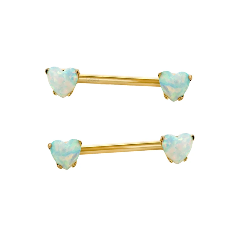 Eternal Metal G23 Titanium Nipple Barbell  with heart opal Prong Set Internally Threaded Ends Body Jewelry 14G