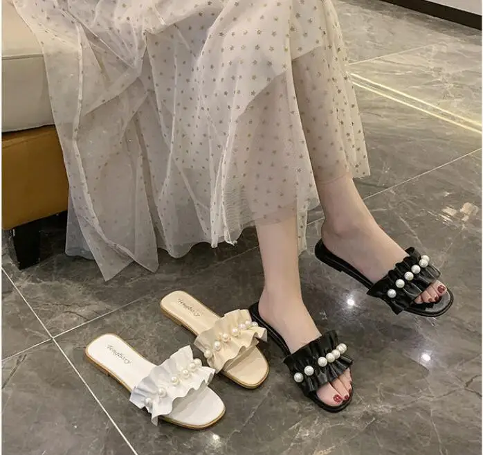 Fairy style pearl lace slippers women wear new summer beach single-line plus size slippers with skirt
