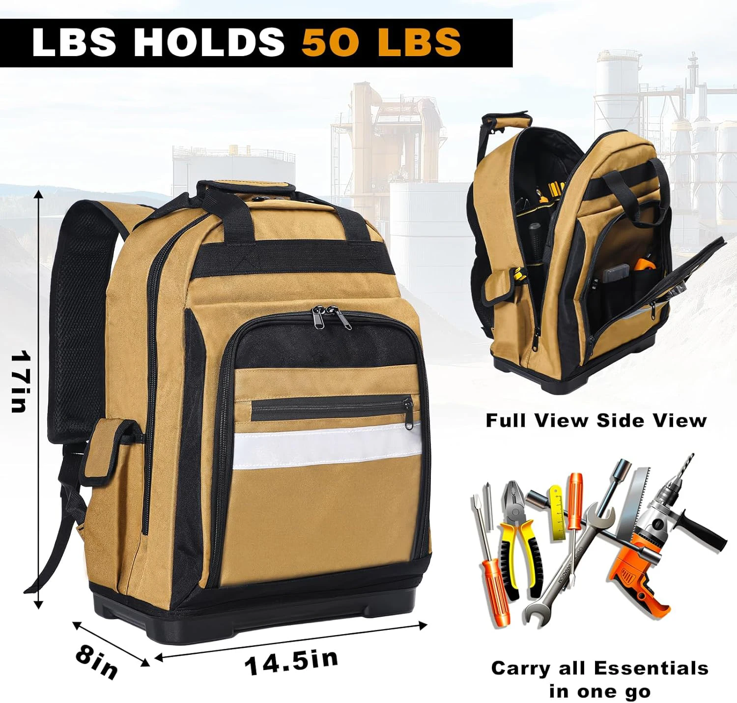 Heavy Duty Tool Bag Backpack with Waterproof Molded Base Electrician Work Pack Hand Tools Multi Pockets Tool Storage Organizer