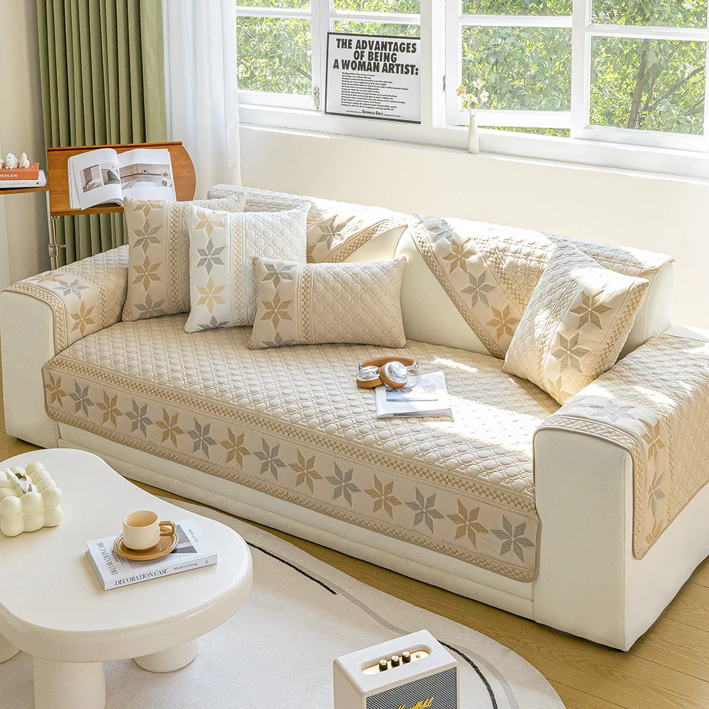 Simple Modern Nordic Four Seasons Embroidery Sofa Cushion Universal Non-Slip Cover Cloth Towel Solid Color Fabric Slipcovers