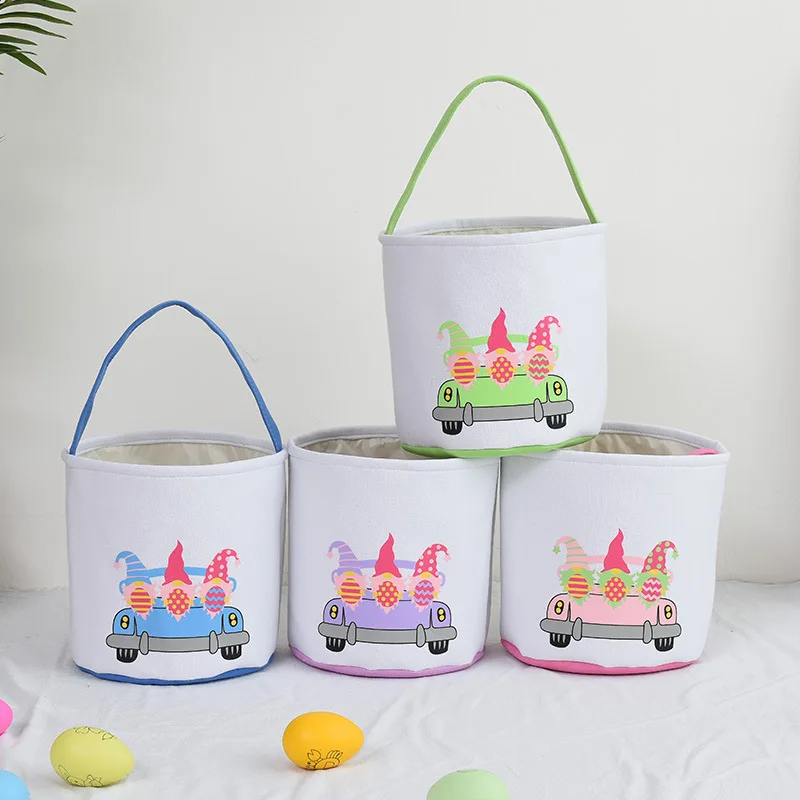 Cartoon Three Gnomes Car Print Canvas Easter Basket For Easter Party Decorations Boy Girl Candy Gift Bag Bunny Bucket