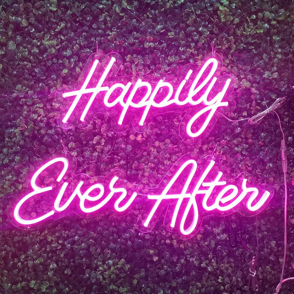Dropshipping LED Neon Light Sign Pink Happily Ever After Hanging Neon Art Wall Sign for Party Wedding Hashtag Home Bedroom Decor