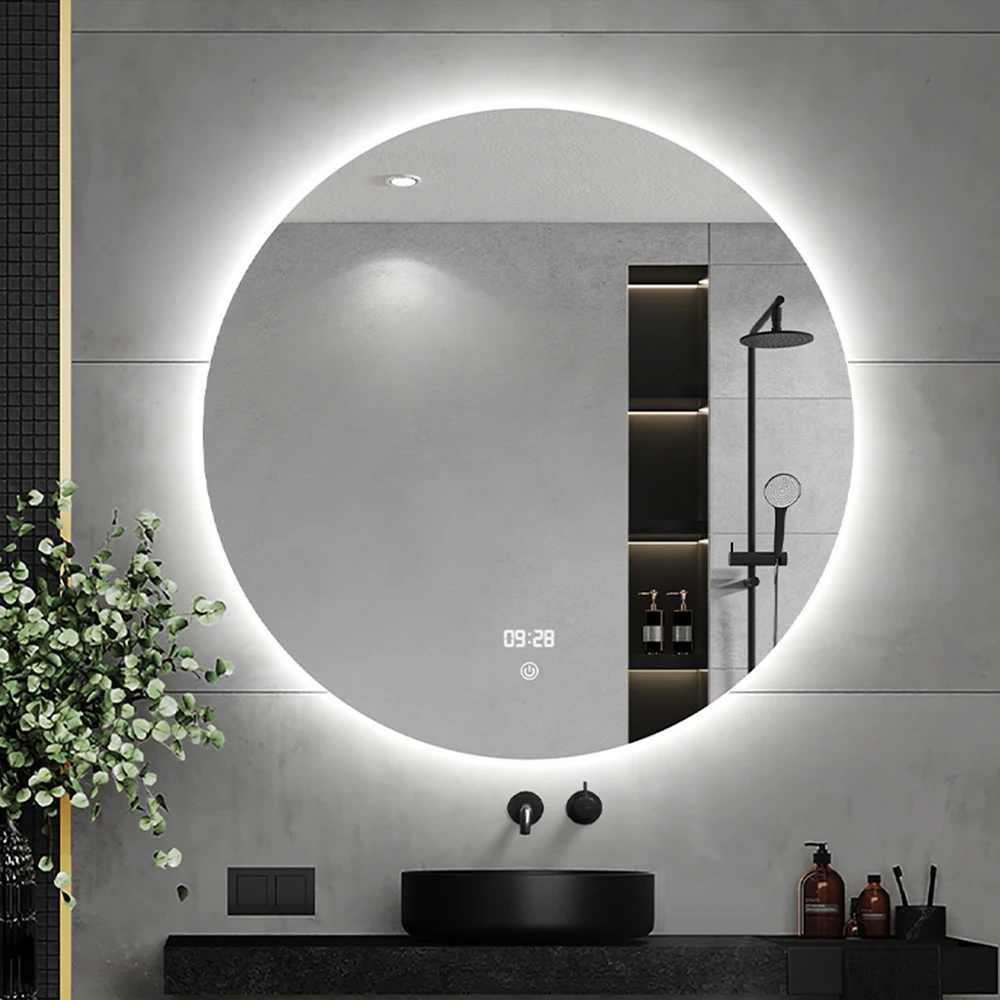 Wall hung backlit led bathroom mirror defogger smart backlit round mirror with speaker and magnifier