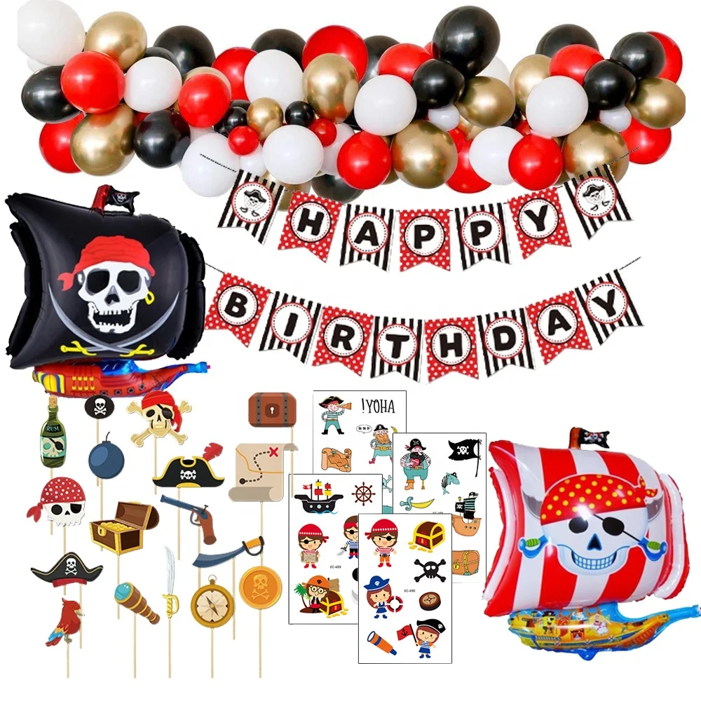 Pafu Kids Birthday Party Supplies Pirate Balloon Garland Kit Foil Balloon Happy Birthday Banner Photo props Tattoo Decorations