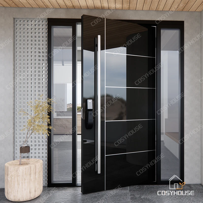 Mirror effect anti-burglar pivot single steel door design steel door for home main entrance exterior front door with side light