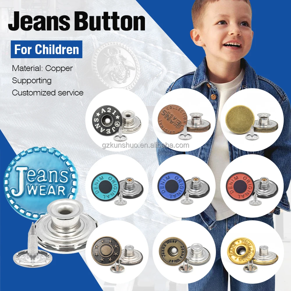 Custom engraved  brand stainless steel copper iron brass metal silver rivet and denim clothes jacket jean button for jeans denim
