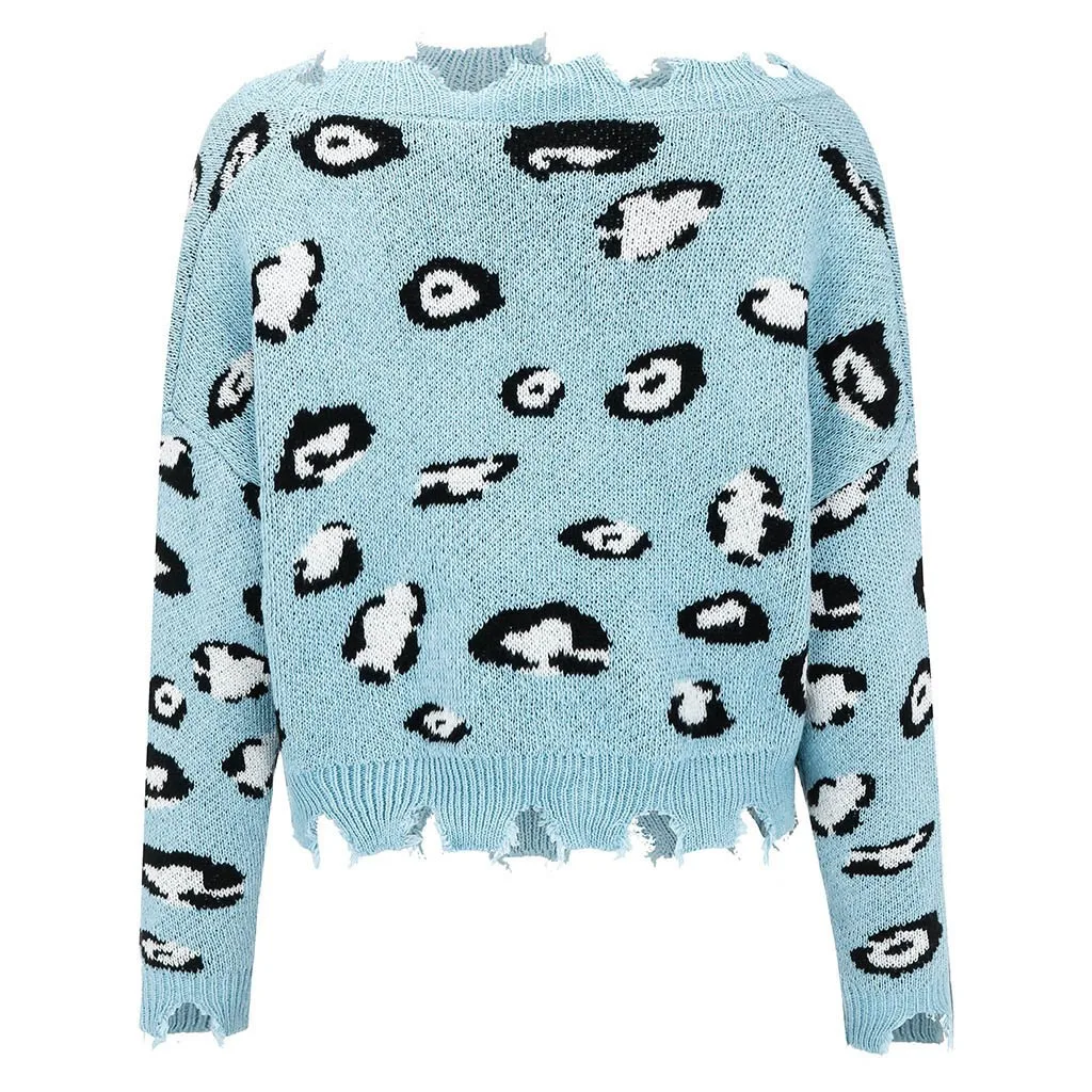 Fashion women v-neck long sleeve leopard print short cut out knitted sweater jersey mujer sueter