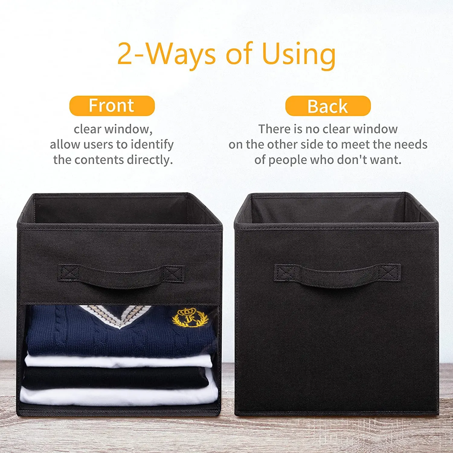 Cube storage box with transparent window, solid handle, fabric foldable storage basket