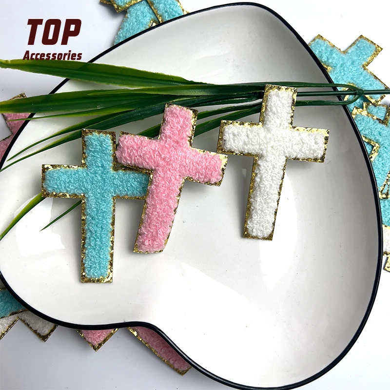 Factory Price Wholesale Cross Chenille Designer Patches with Glitter