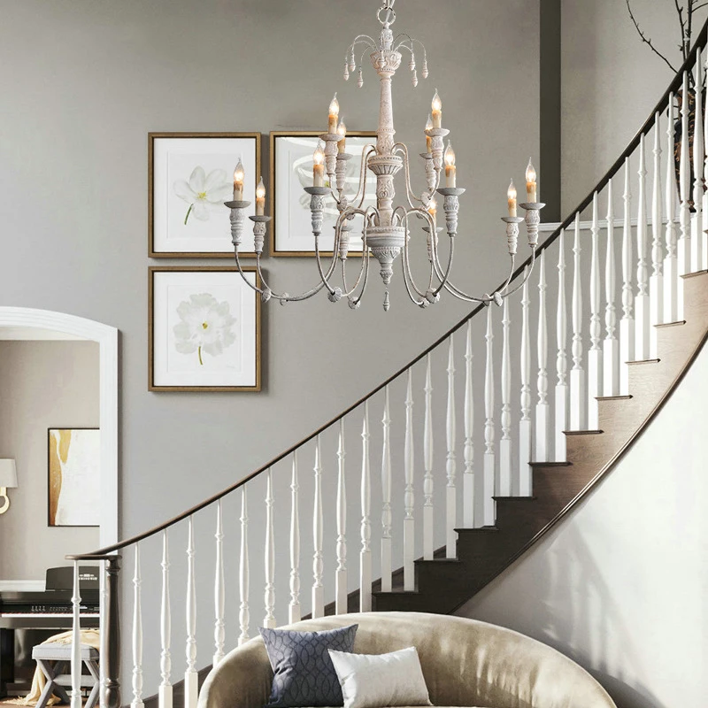 Vintage Retro Wooden Hanging Lighting Pendant Lamp White Large Solid Wood Chandelier For Room Church Lobby Kitchen Island