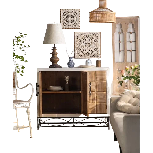 Nordic Farmhouse Style Retro Living Room Cabinet Solid Wood Antique Furniture With 2 Carving Door
