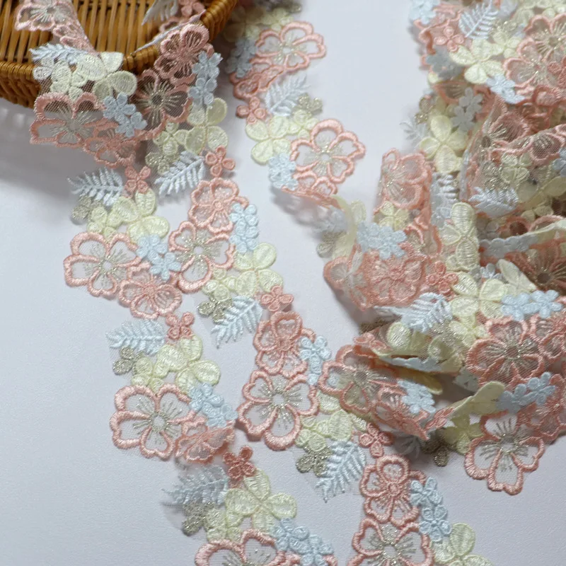 High Quality colorful flower 5cm embroidery  water soluble Lace Trim Polyester tulle Lace ribbon  Mesh Fabric for dress DL01