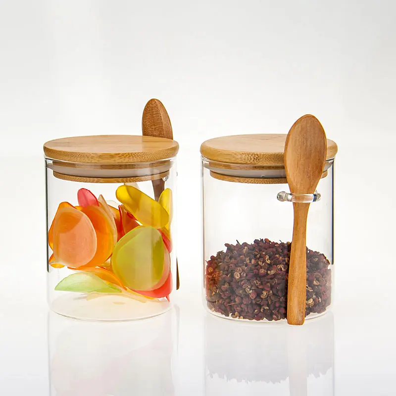 Wholesale Borosilicate Glass Container Glass Cookie Spice Jar with Bamboo Lid and Spoon Set