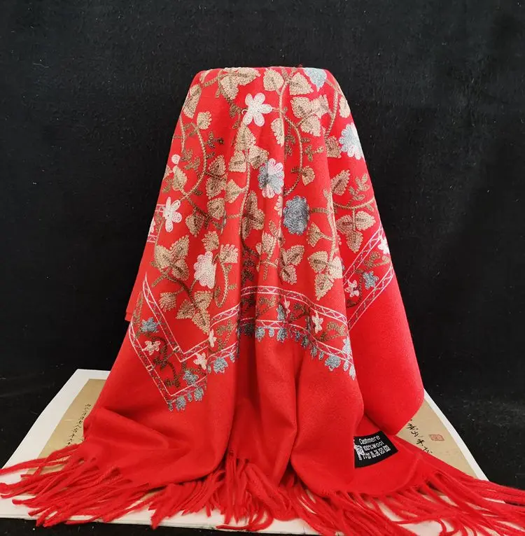 Luxury Ethnic Embroidered Pashmina Shawl Multicolored Hijab with Long Floral Design Fashionable Warm Cashmere Scarf Muslim Women