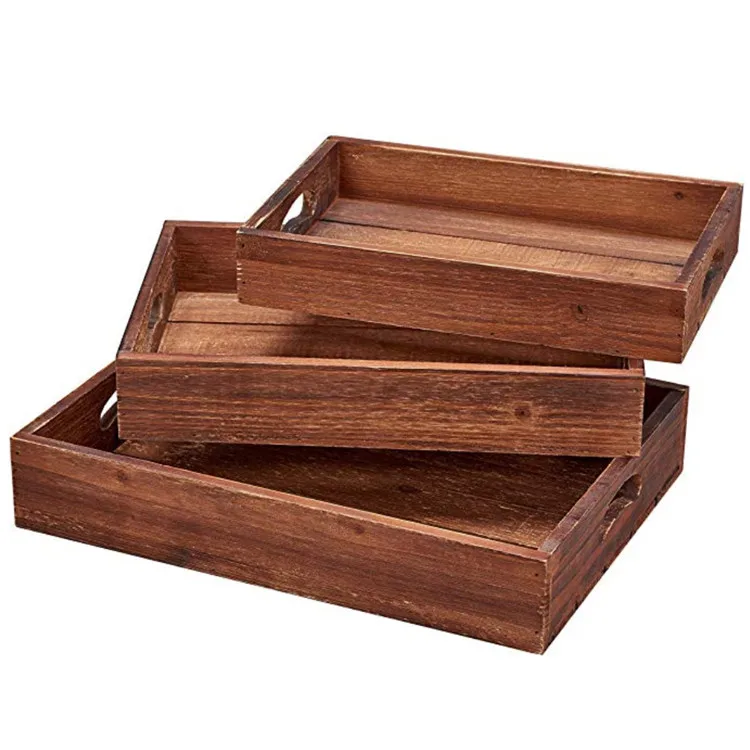 Set of 3 Multipurpose Nesting Designs Bamboo Food Tray Rustic Farmhouse Stackable Solid Wooden Serving Trays