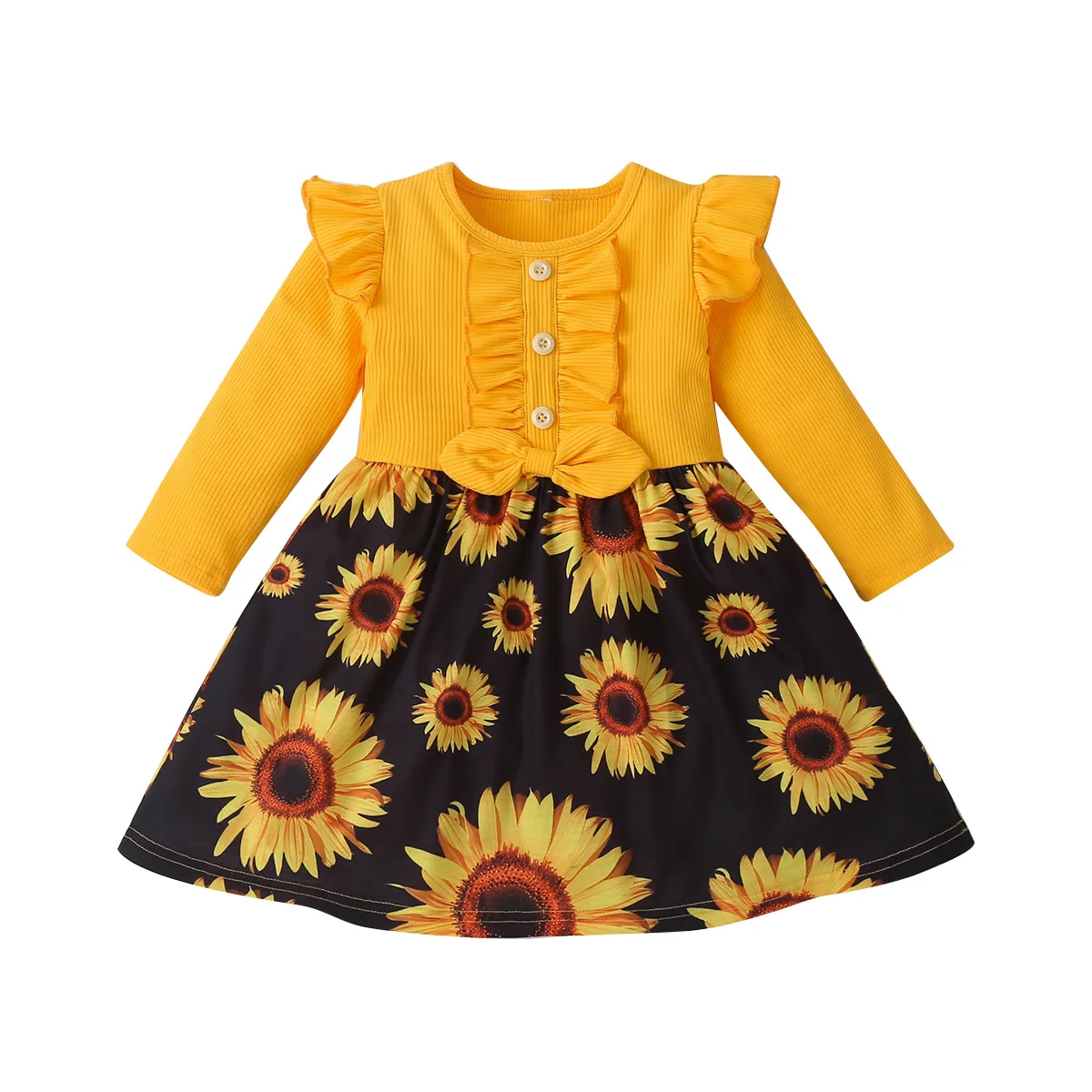 ins boutique fall girls sunflower ribbed cotton long-sleeved dresses children formal girl spring dress