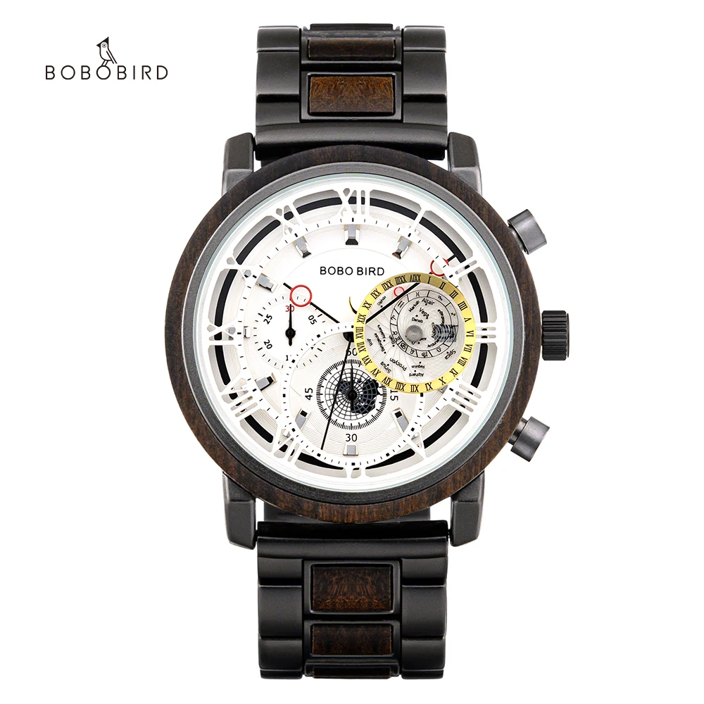 BOBO BIRD Men Quartz Wooden Wristwatch Dial Three-dimensional Hollow Design Multi-function Dual Time Zone Stopwatch Reloj Gift