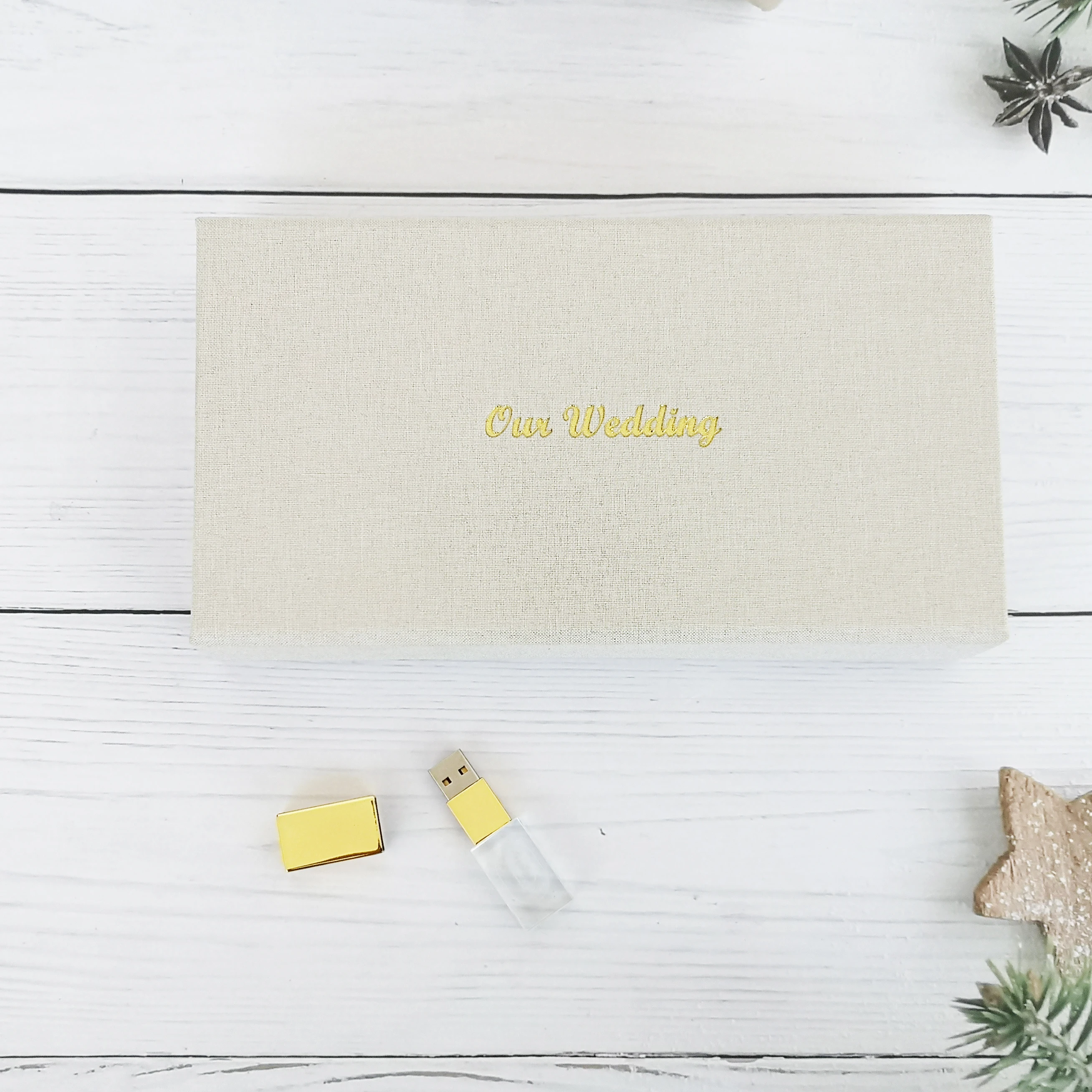 Beige Cream Linen Box Photographer Gift 4*6  Photo Fabric prints Holding Box Glass Crystal USB Flash Drive photo linen box