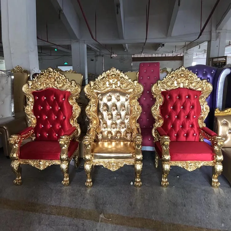 cheap gold high quality royal luxury high back carved lion king throne chairs for bride and groom wedding