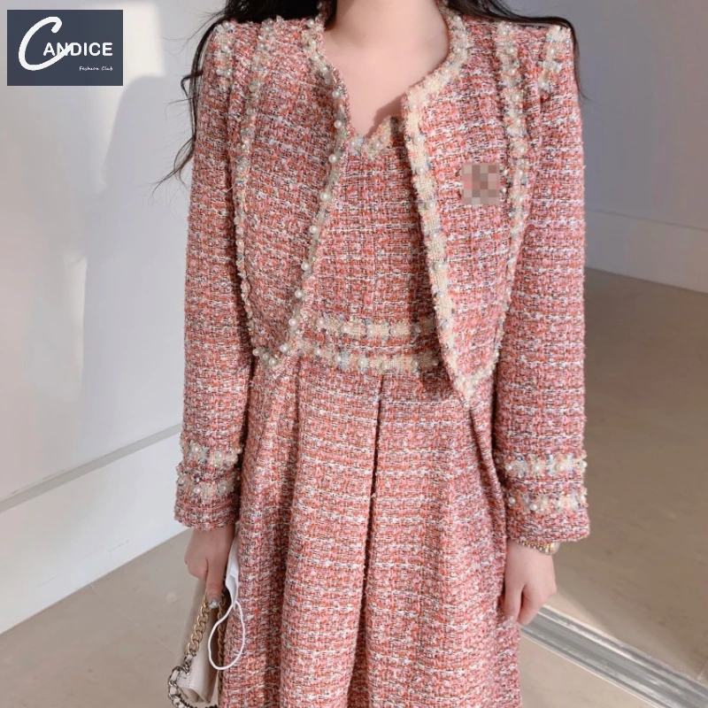 Candice Korean style high quality elegant beaded pearl tweed coat pink long sleeve 2 piece set women dress