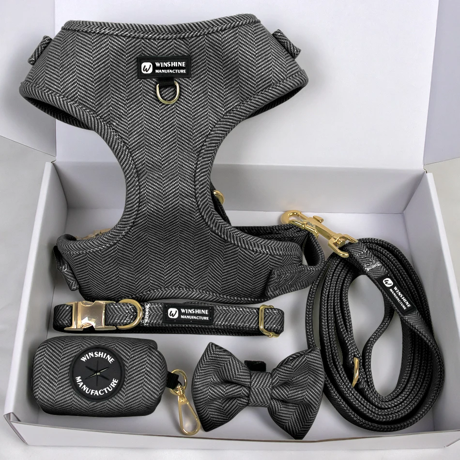 Personalized No Pull Tweed Pet Dog Harness Leash Lead Collars Set Custom Logo Wholesale Manufacturers Luxury pet boutique