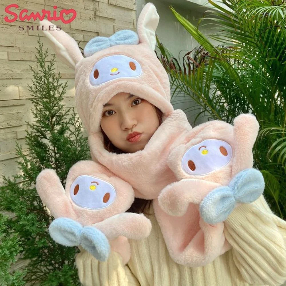 Sanrio Kuromi плюшевая шапка шарф и перчатки комплект утепленные милые теплые зимние каваи Cinnamoroll для подруг аниме