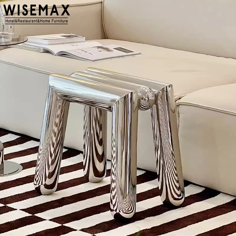 WISEMAX FURNITURE Modern Stainless Steel Ottoman Stool For Home Entry Sliver Metal Stool For Living Room