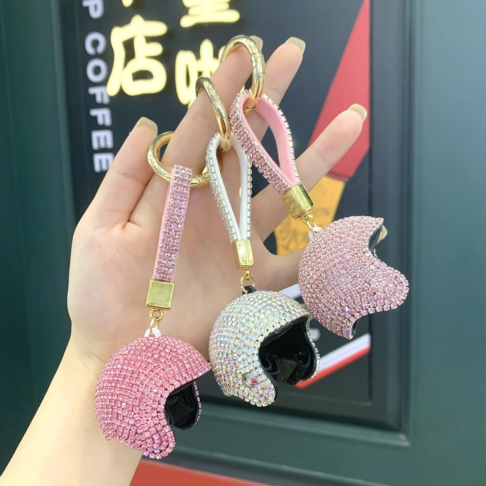 Mini Sport 3D Crystal Diamond Bling Motorcycle Helmet Key Chain Car Key Bag Pendant Bicycle Rhinestone Sparkling Helmet Keychain