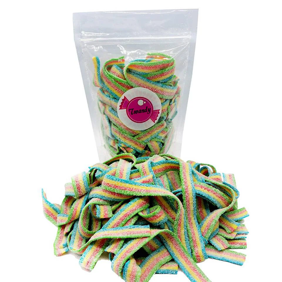 
wholesale custom private label halal sour strips rainbow belts sugar coated candy 