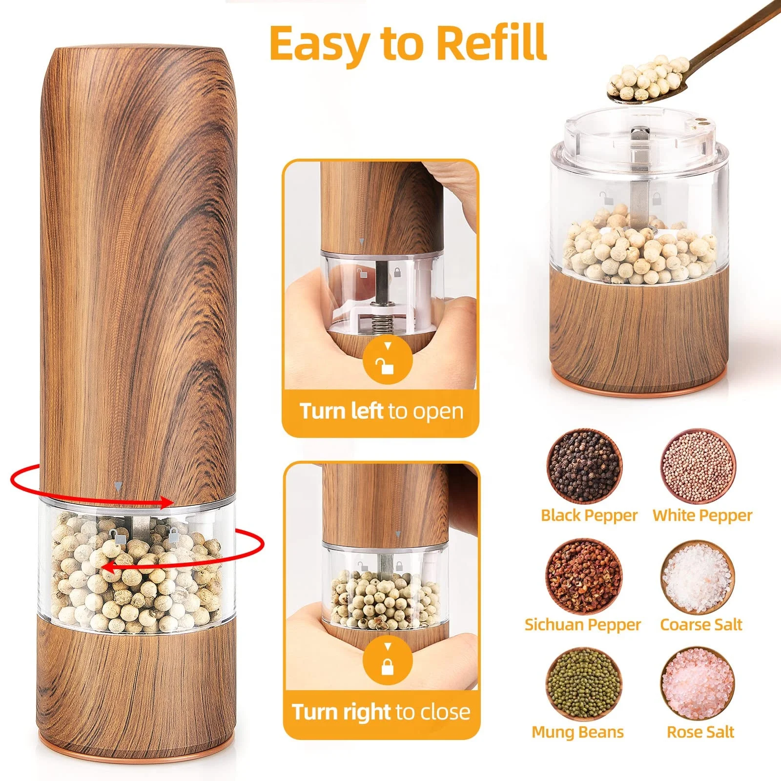 Wooden Pepper Mill Cooking Seasoning Spices Electric Sea Salt and Pepper Grinder Set