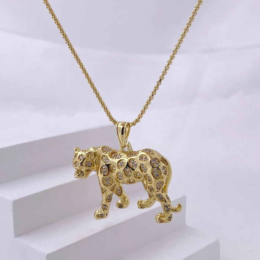 Fashion 3D Metal Antique Gold Zircon Animal Panther Leopard Designer Charms Pendant Necklace Jewelry