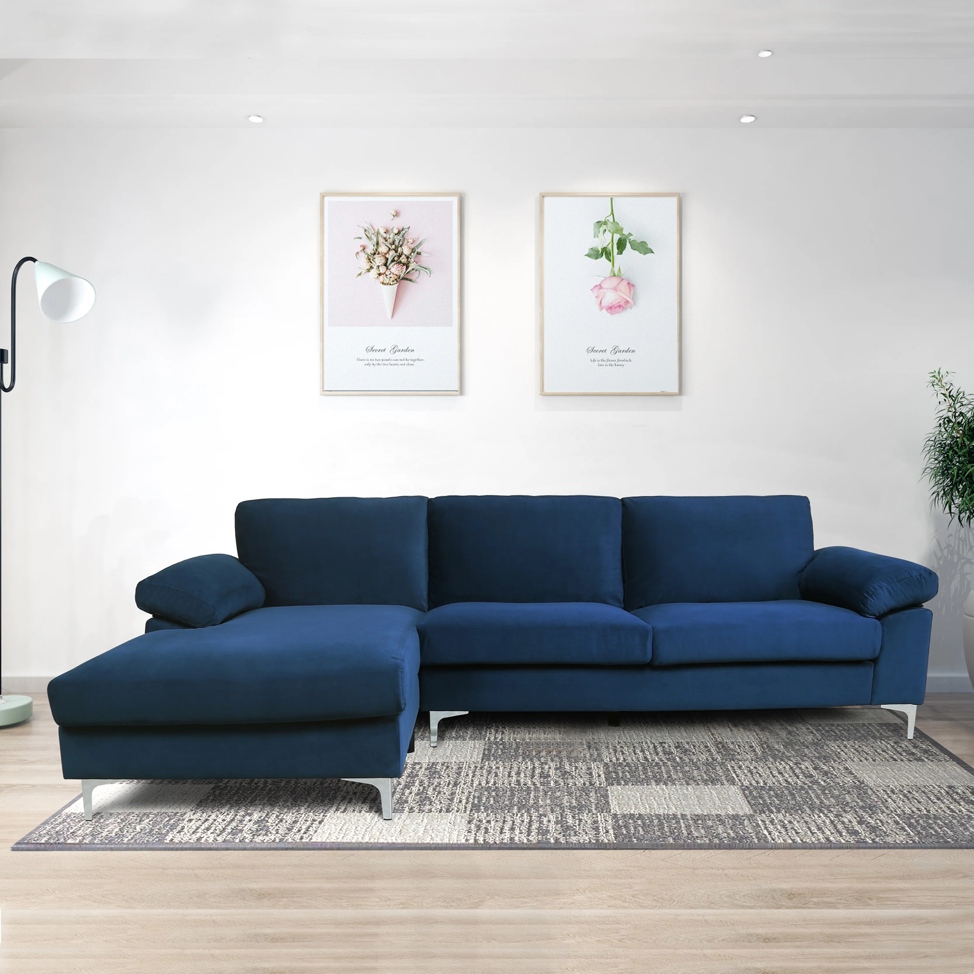 Factory wholesale couch living room sofa L Shape navy blue 3 seater velvet Sectional sofa and couch for living room furniture