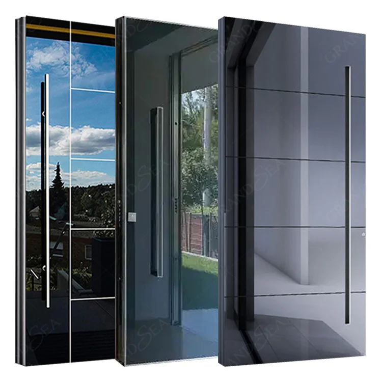 Black High Glossy High Quality Design Internal Front Exterior Main Modern Glass Metal Stainless Steel Pivot Door
