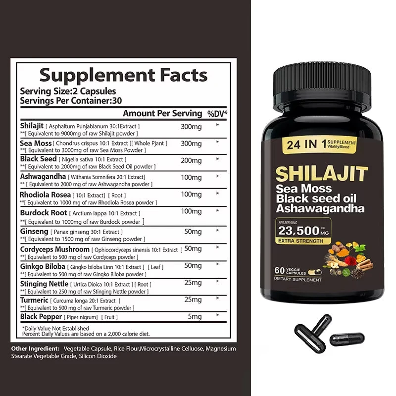 Private Label All In 1 Supplement Shilajit Fulvic acid 24 in 1 shilajit capsule and seamoss capsule