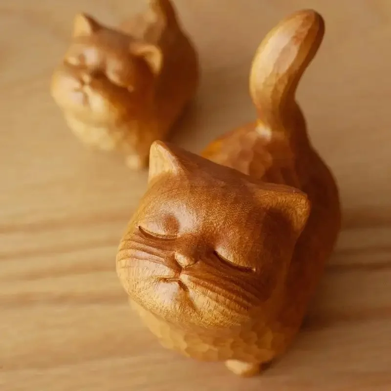 Hot selling Decoration Cat sculpture  wood carving cute animals wooden cat kitten figurine sculpture statue art crafts