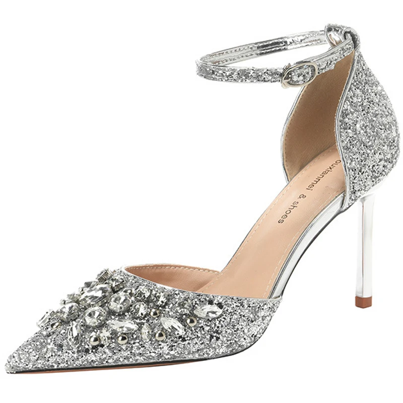 Dropshipping Custom Logo Shining Sequin Women`s High Heels Pumps Height Increasing   Fashion Wedding Party Shoes for Ladies