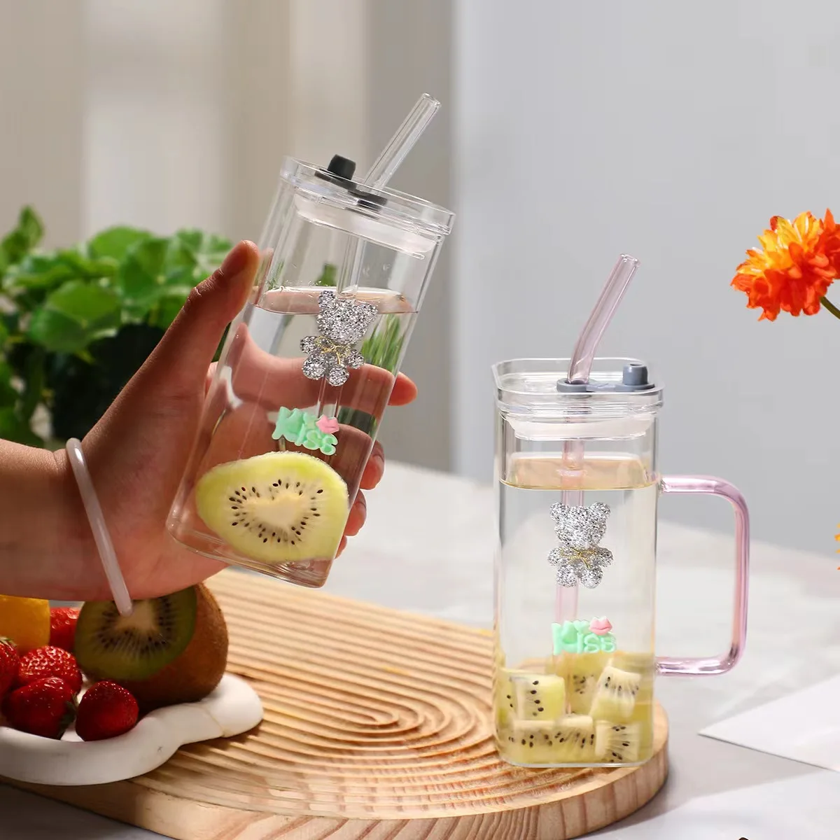 350ml High Beauty high borosilicate square glass cup with lid and straw