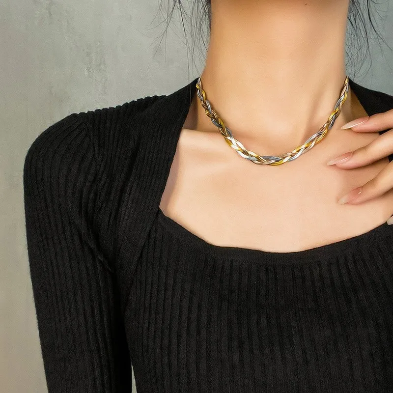 BINSHUO Snake Necklace Stainless Steel Jewelry Gold Plated Herringbone Blade Snake Chain Braided Clavicle Necklaces For Women
