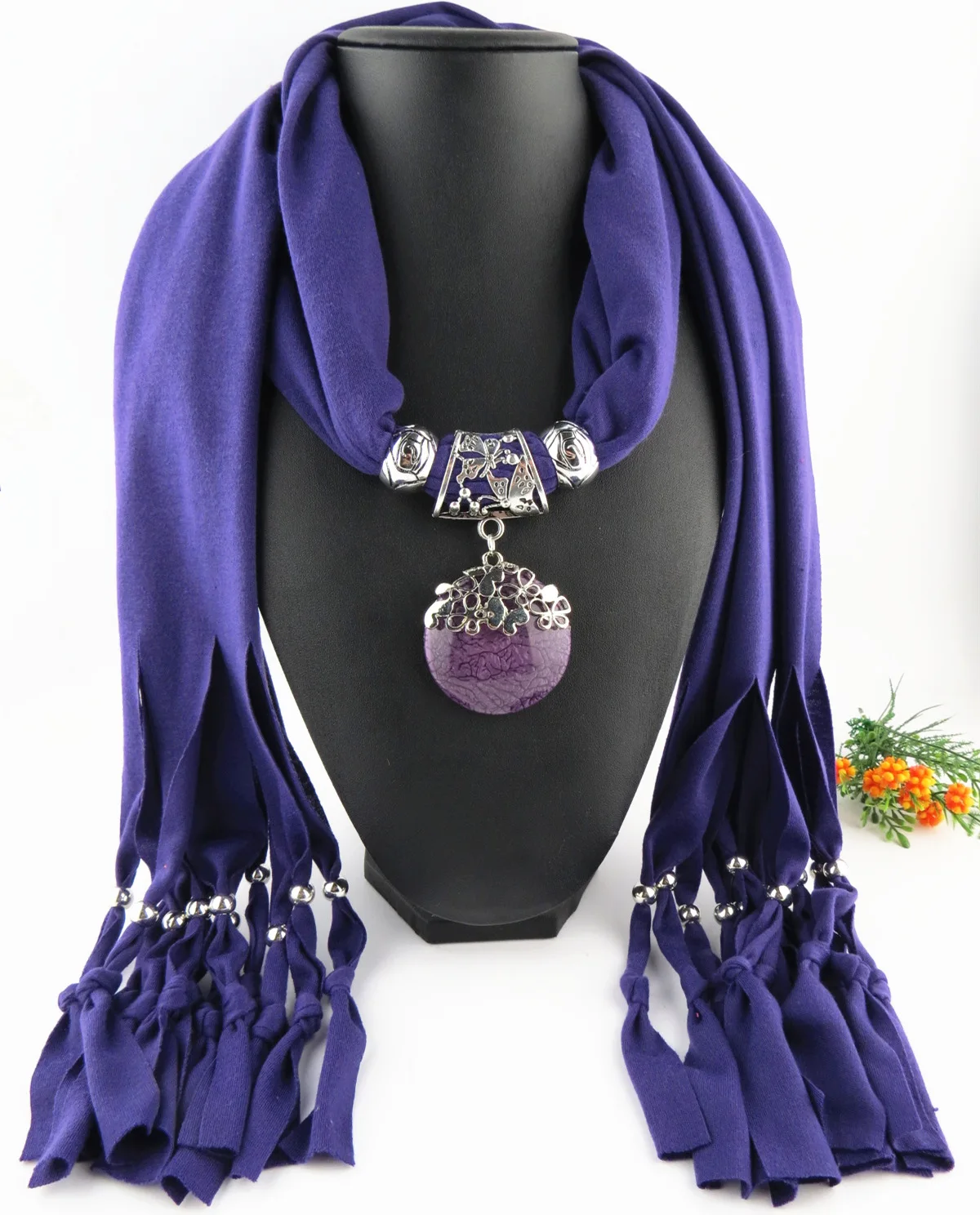 Pendant jewelry scarf polyester solid color tassel fringed resin pendant jewelry scarf for women