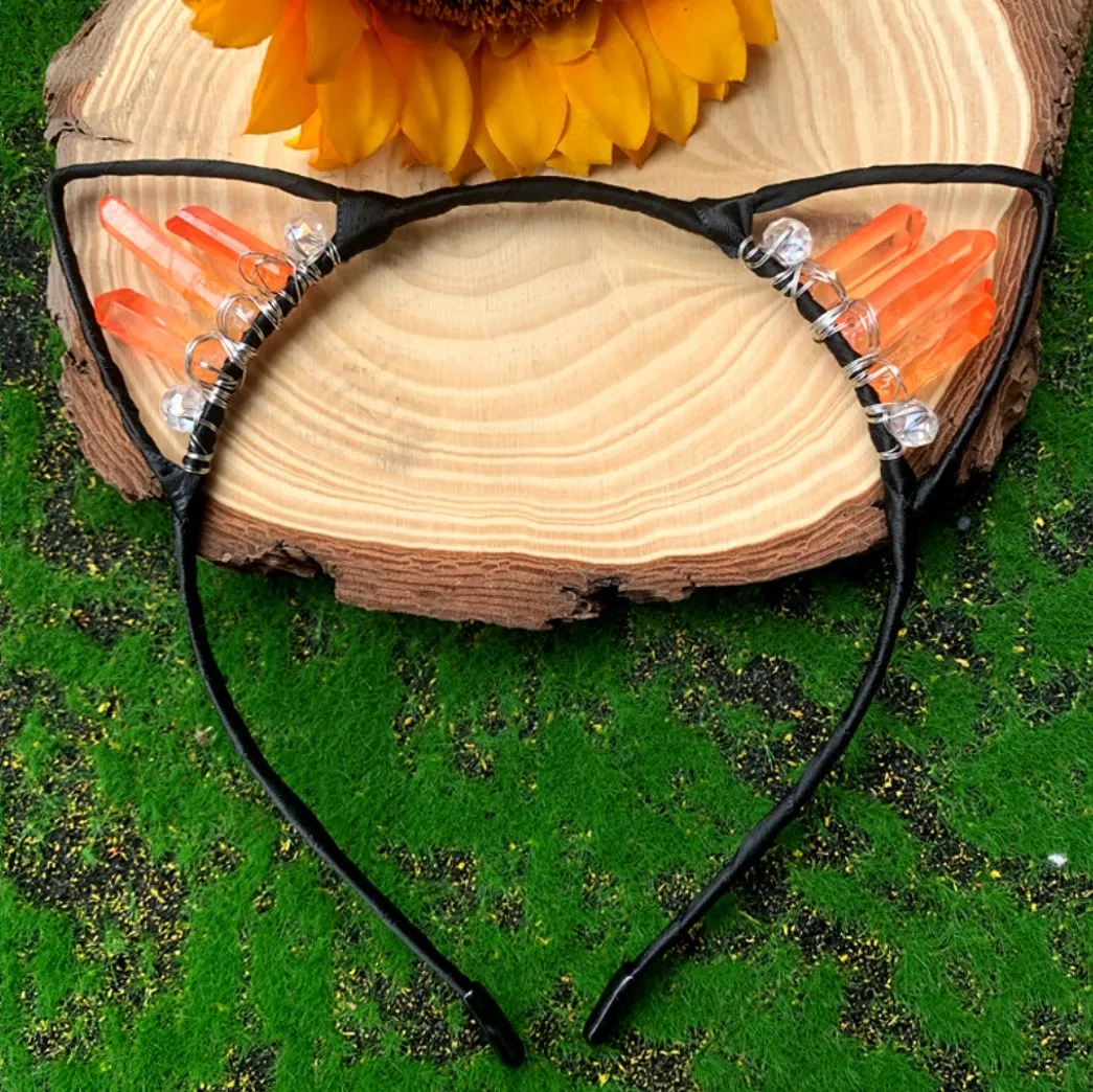 Handmade Animal Cat Ear Natural Crystal Crown Headbands Hair Band