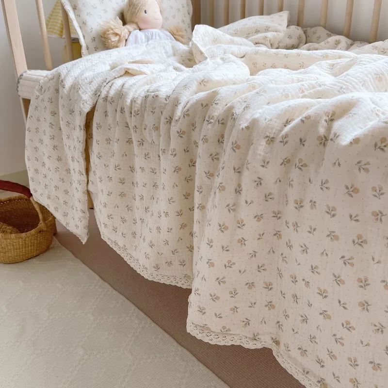 PLHAN Super Soft Breathable Floral Muslin Baby Crib Comforter Blanket And Quilt Cotton gauze bedding set