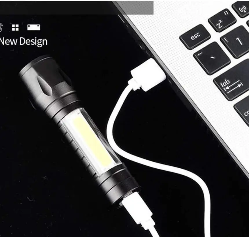 
18650 powered Cree T6 inside 2 in 1 Rechargeable USB Flashlight with Side COB Camping Flood Light 