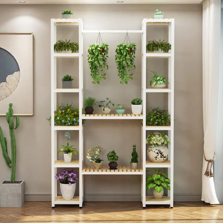 Simple Balcony Flower Stand Rack Wrought Iron Wood Multi-Layer Plant Rack