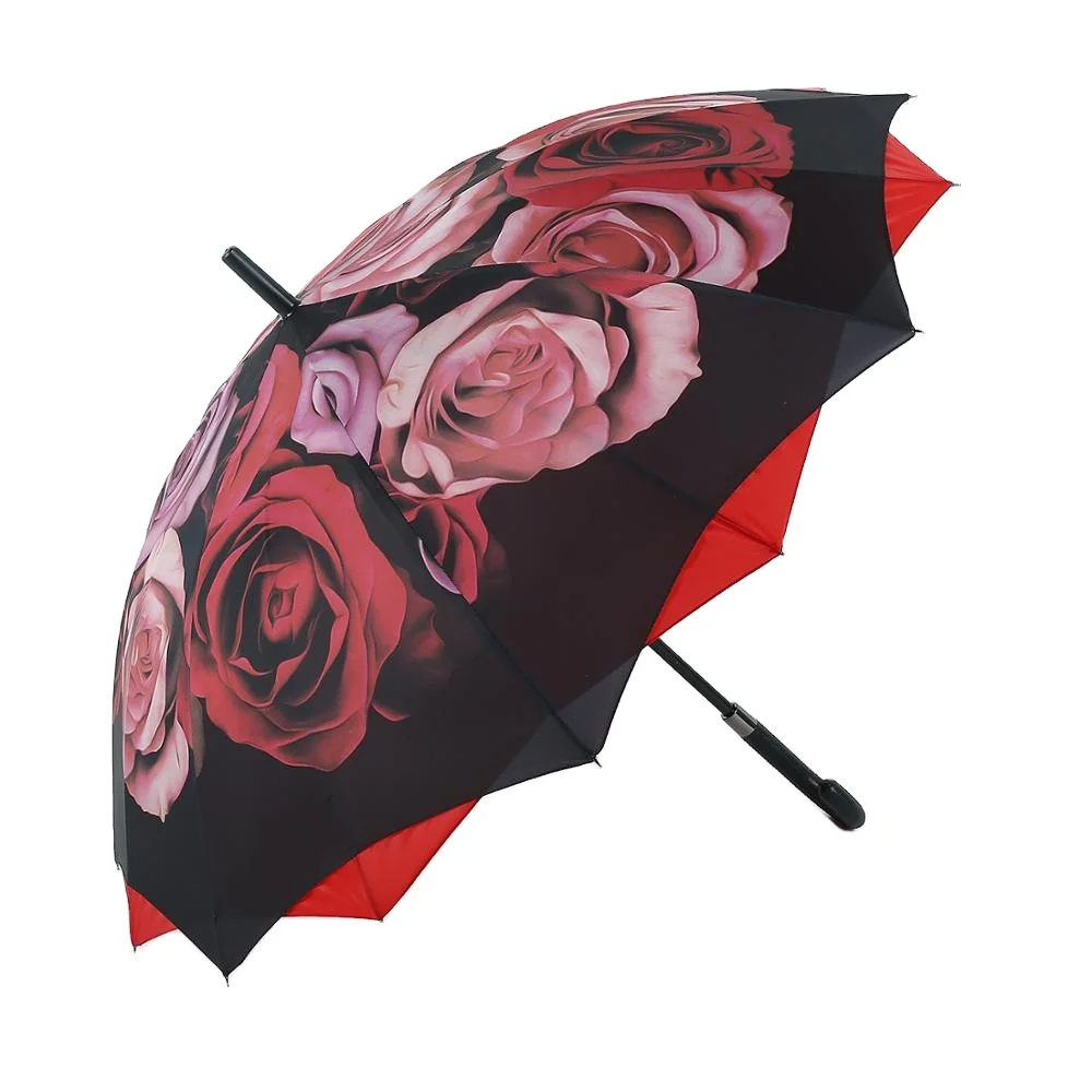 Double layer rose flower pattern canopy cross straight  umbrella